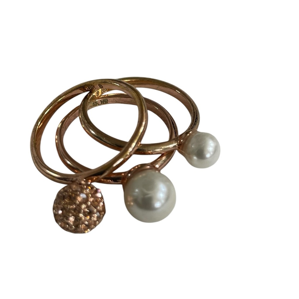 BANANA REPUBLIC Rose Gold Stack of 3 Rings Faux Pearl and Rhinestone Cluster - Picture 3 of 10